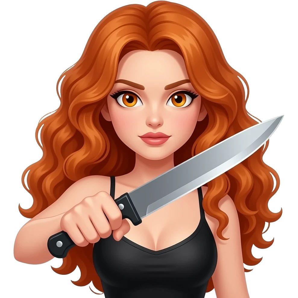 sexy girl with long curly ginger hair and ginger eyes attacks with a knife emoji