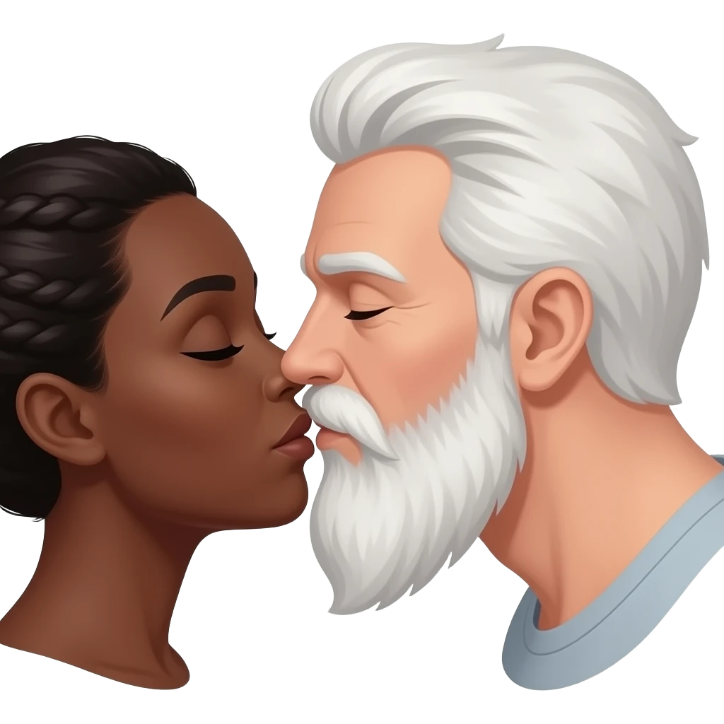 Bearded white man kissing black woman emoji