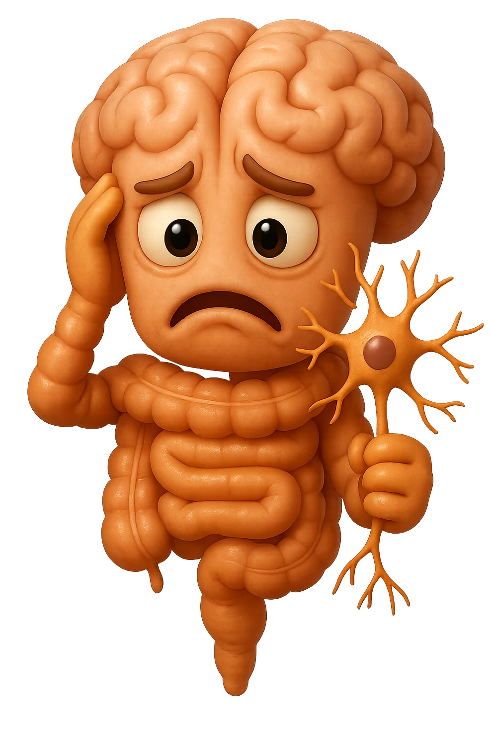 EMOJI STILE IPHONE DI UN INTESTINO collegato verticalmente ad un cervello mentre tiene in mano un neurone, espressione stressata, IPERREALISTICO 4K emoji