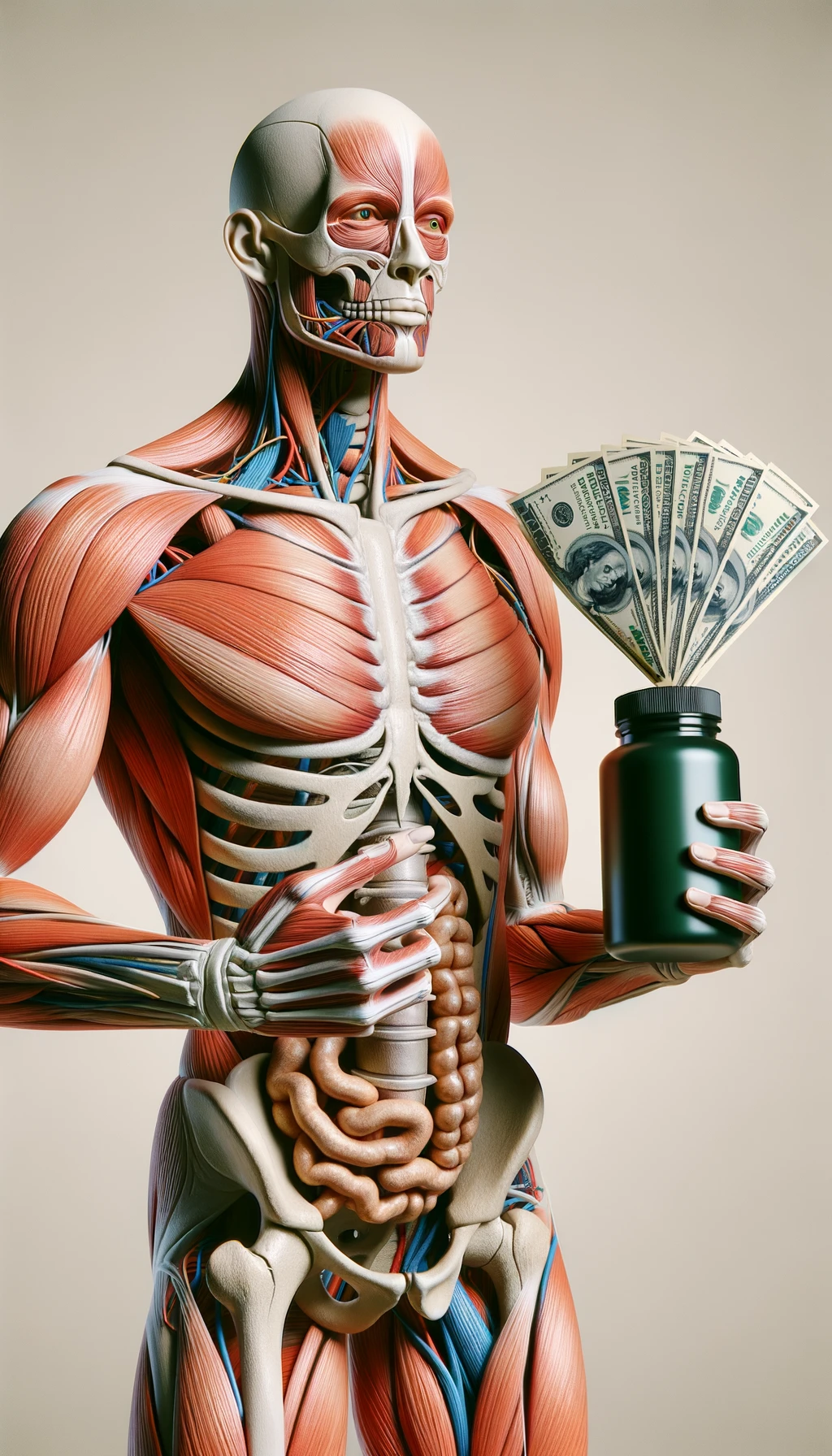 corpo umano anatomico che tiene nella mano destra una boccetta di integratore e nella mano sinistra delle banconote, sfondo neutro chiaro emoji