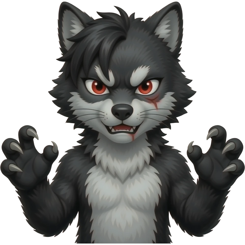 Emo boy with side black fringe with a full buff black alpha furry suit on and red eyes angry with scar wolf man claws emoji