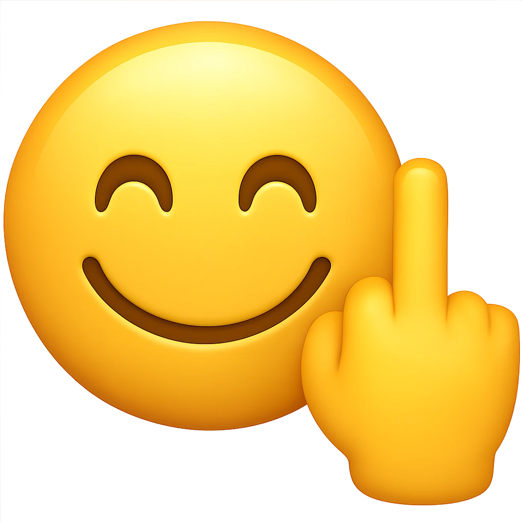 Make the smiley face and middle finger hand look more like a mobile phone emoji, with rounded shapes, glossy finish, and a style similar to standard phone emoji icons, keeping the transparent background. emoji