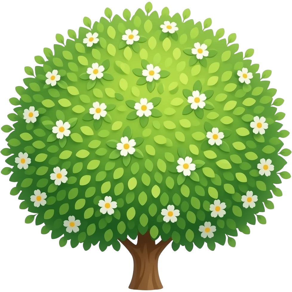 Apple-style blooming tree, round soft green canopy. Small white and yellow flowers inside the leaves emoji