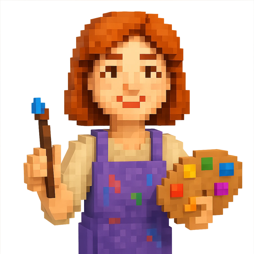Serene female oil painter, Caucasian features, shoulder-length auburn hair, soft brown eyes, gentle smile, wearing a violet painter’s apron lightly stained with paint over a beige blouse, holding a wooden palette with vibrant colors in one hand and a brush in the other, waist-up, front-facing emoji