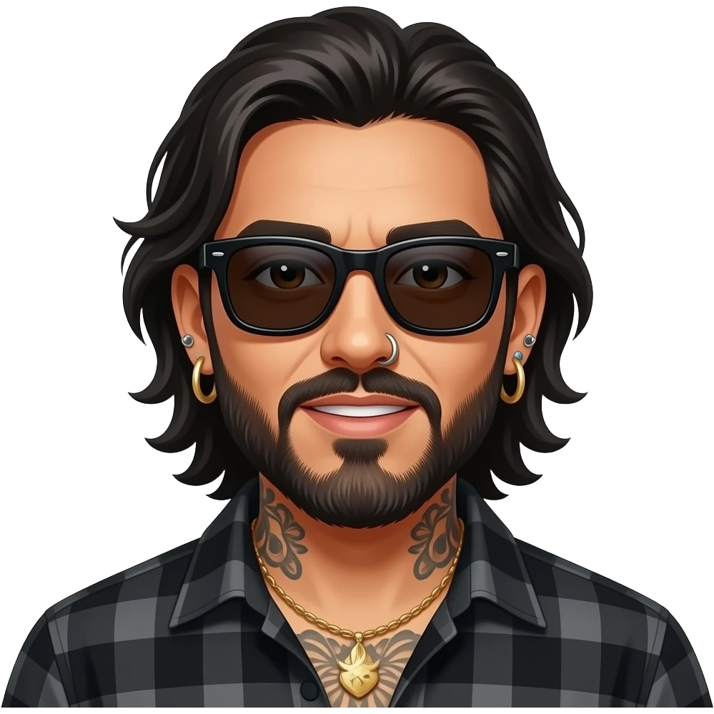The handsome manly Latino podcast host with medium length hair, a long slightly graying beard and tattoos with his ears pierced 1 time each ear and a nose ring on the right side, dark brown eyes, wearing black, dark sunglasses, and jewelry, singing emoji