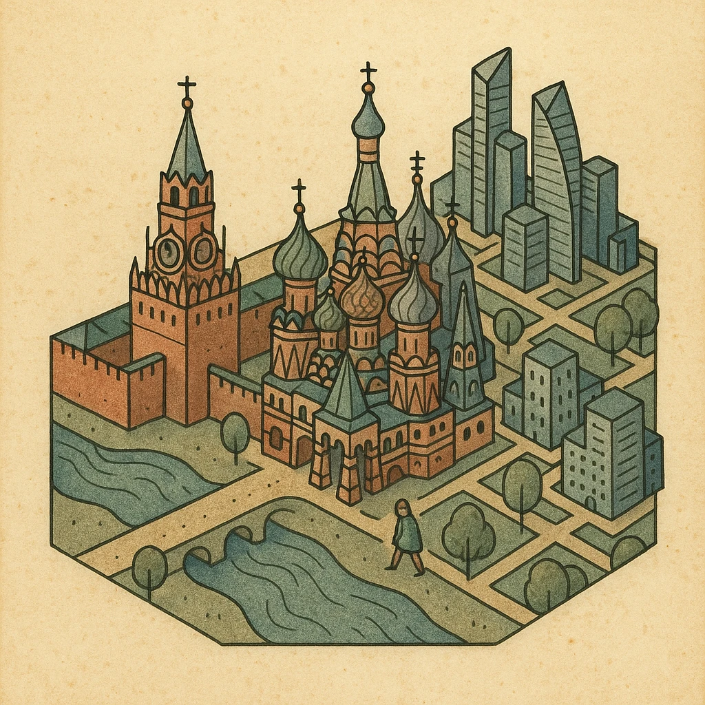 Изометричная миниатюрная 3D модель Москвы - Кремль, собор Василия Блаженного, Сити,  аккуратная детализация, мультяшный реализм, компактная композиция,  вид сверху в изометрии emoji