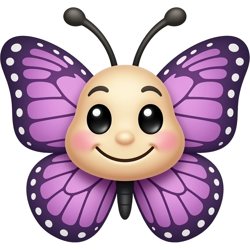 Милая озорная мордочка бабочки с фиолетовыми крыльями, смотрит вправо, улыбается emoji
