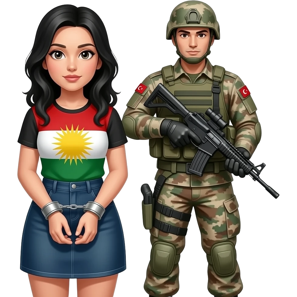 Kelepçeli siyah saçlı beyaz tenli ve mini etekli Kürdistan bayrağı giyen korkan kadın ve arkasında onu joplayan bir  Türk asker emoji