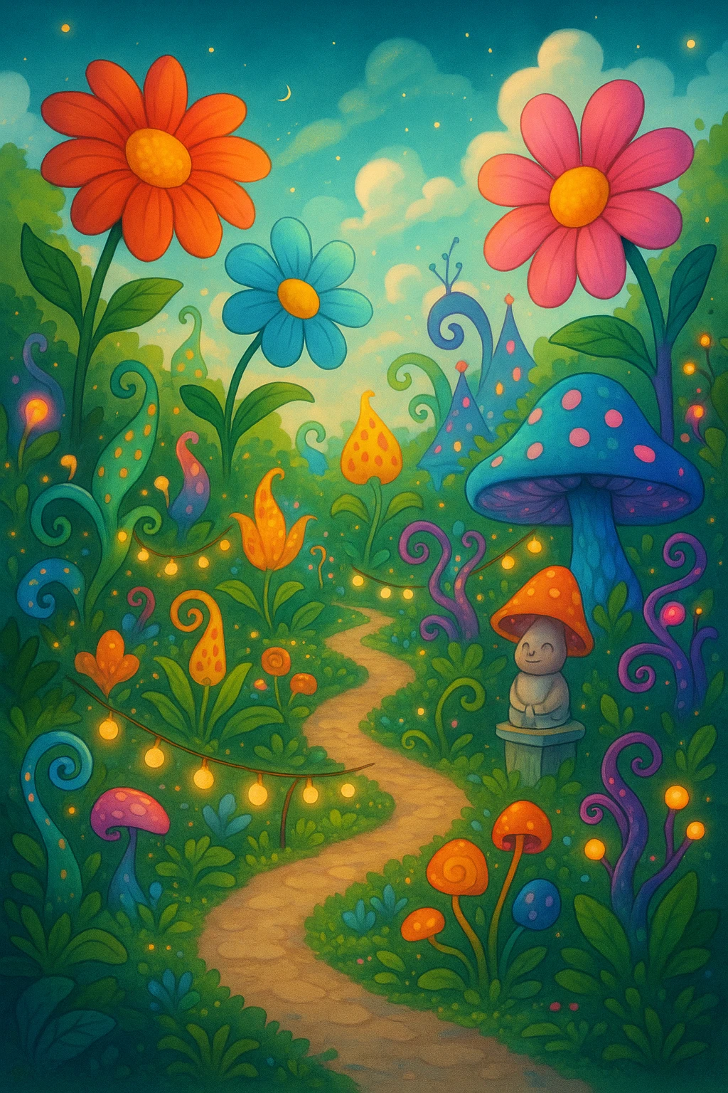 A whimsical botanical garden with oversized flowers, fantasy plants, and playful design emoji