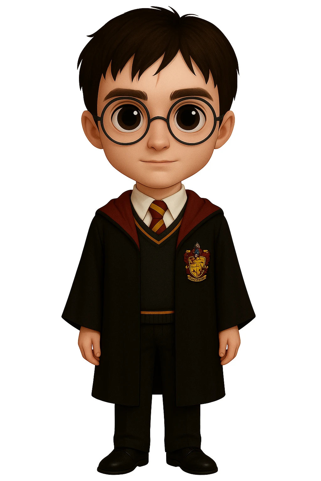 Adjust Harry Potter to full body, standing, wearing traditional Gryffindor uniform, round glasses, scar on forehead, large eyes, with body proportions elongated and similar to the provided references, maintaining the same visual style as the original images. emoji