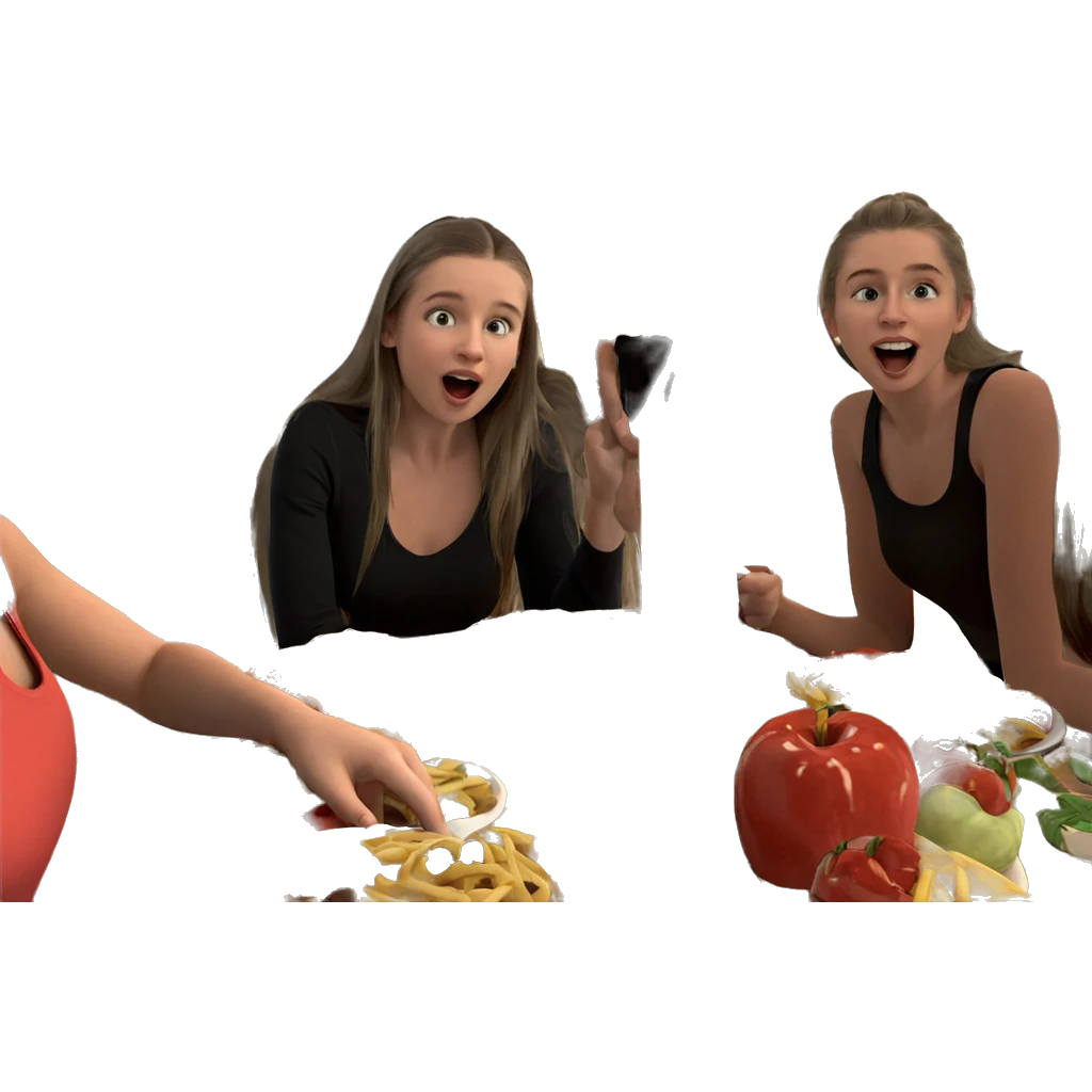 girls enjoying food indoors emoji