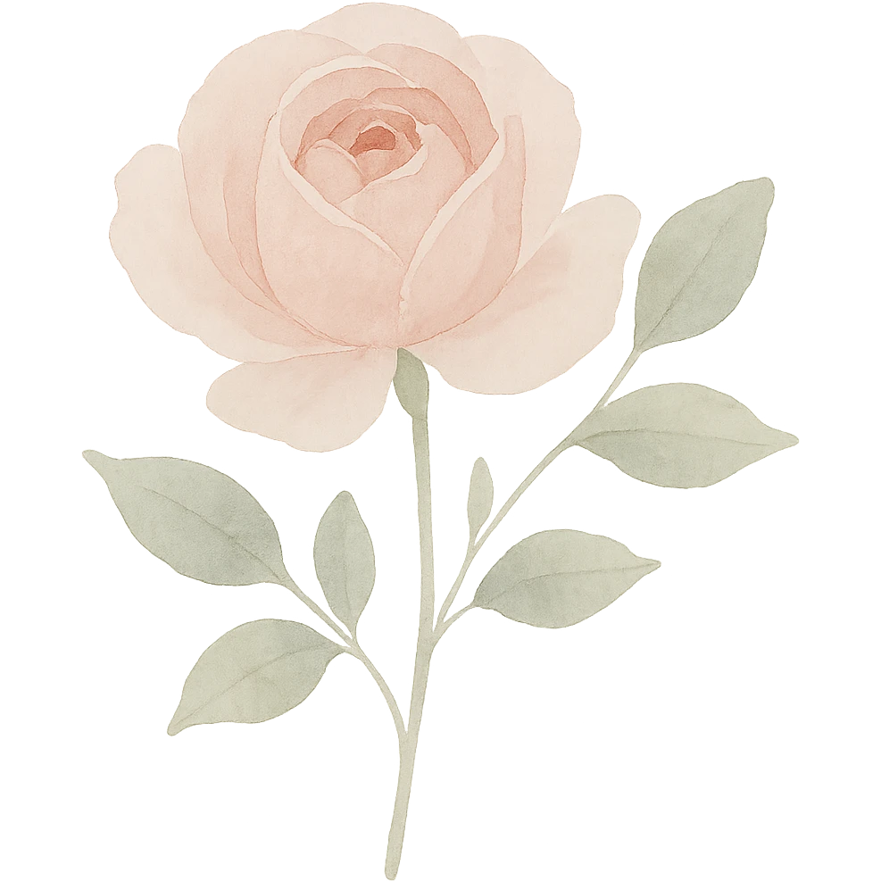 pink rose, watercolor style, delicate petals, green leaves, natural look emoji