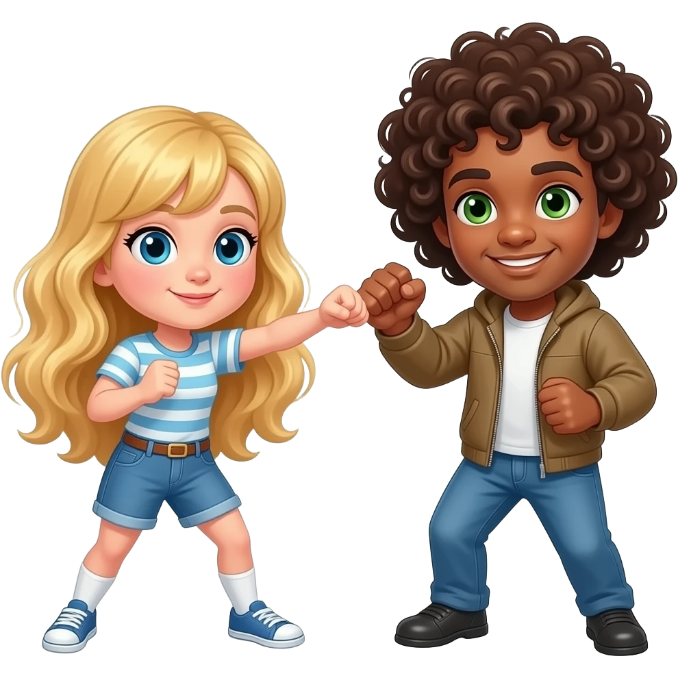 White girl blonde long hair punching brown guy curly hair green eyes emoji