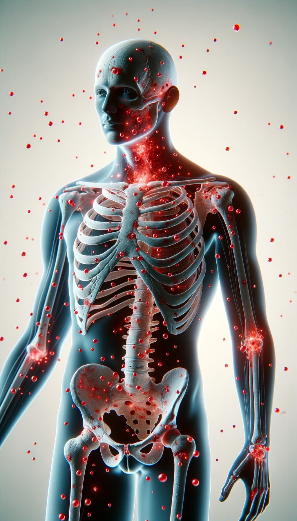 CORPO UMANO ANATOMICO CON RED SPOT DI INFIAMMAZIONE SPARSI SUL CORPO, SFONDO CHIARO, iperrealistico 4k emoji