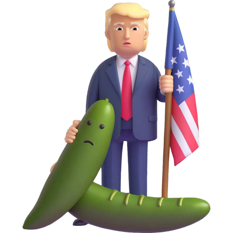 Donald Trump standing next to a confederate flag and a large pickle, 3D emoji style emoji