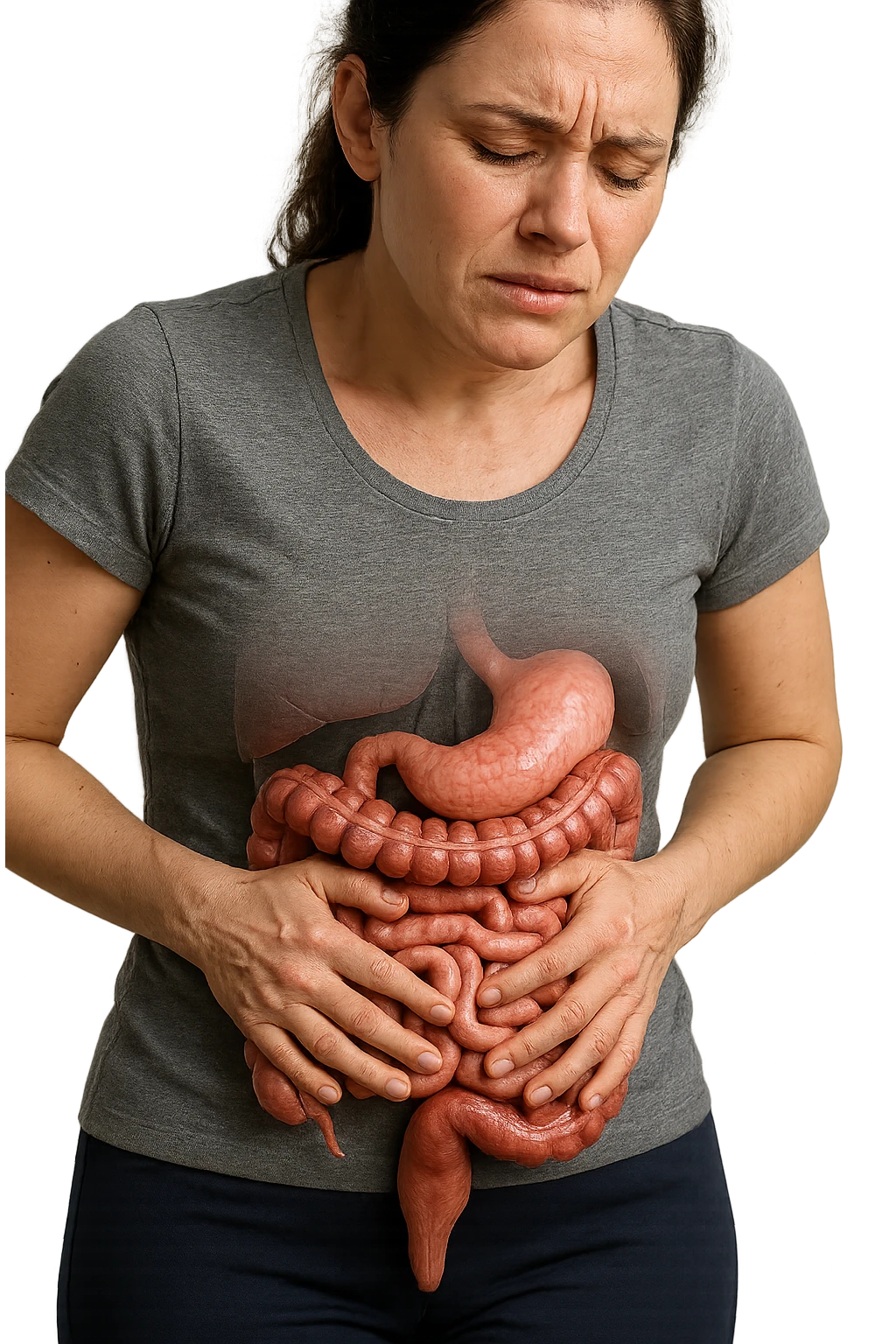 DONNA CON INTESTINO ANATOMICO REALISTICO IN EVIDENZA E MAL DI PANCIA, IPERREALISTICO 4K emoji