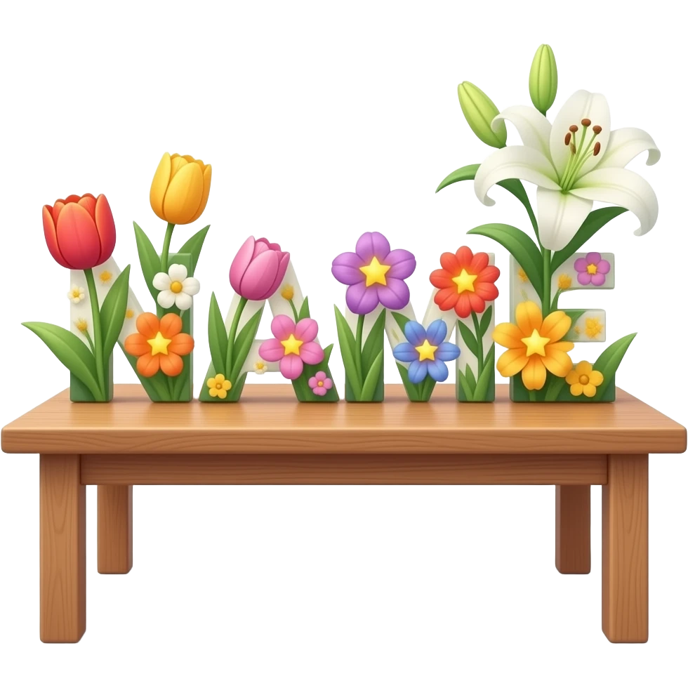 A text 'NAME' formed from tree wood table. Vibrant tulips and lilies bloom from the letter, each flower center glowing like a tiny star. Dreamy atmosphere, hyper-realistic, soft pastel colors emoji
