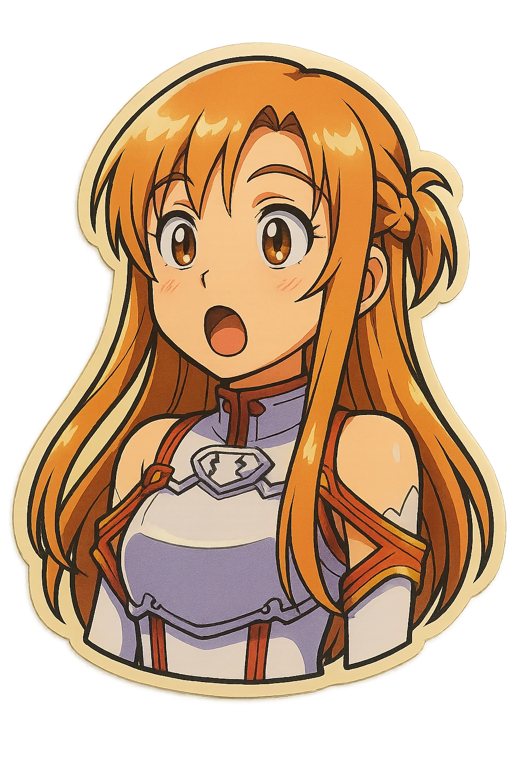 Sticker of Asuna from Sword Art Online in retro sticker style with an amazed expression, inspired by the reference image. emoji