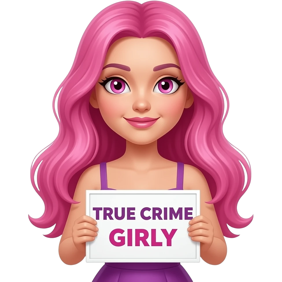 sexy girl with long pink hair and pink eyes wearing a dress holding a TRUE CRIME GIRLY sign emoji
