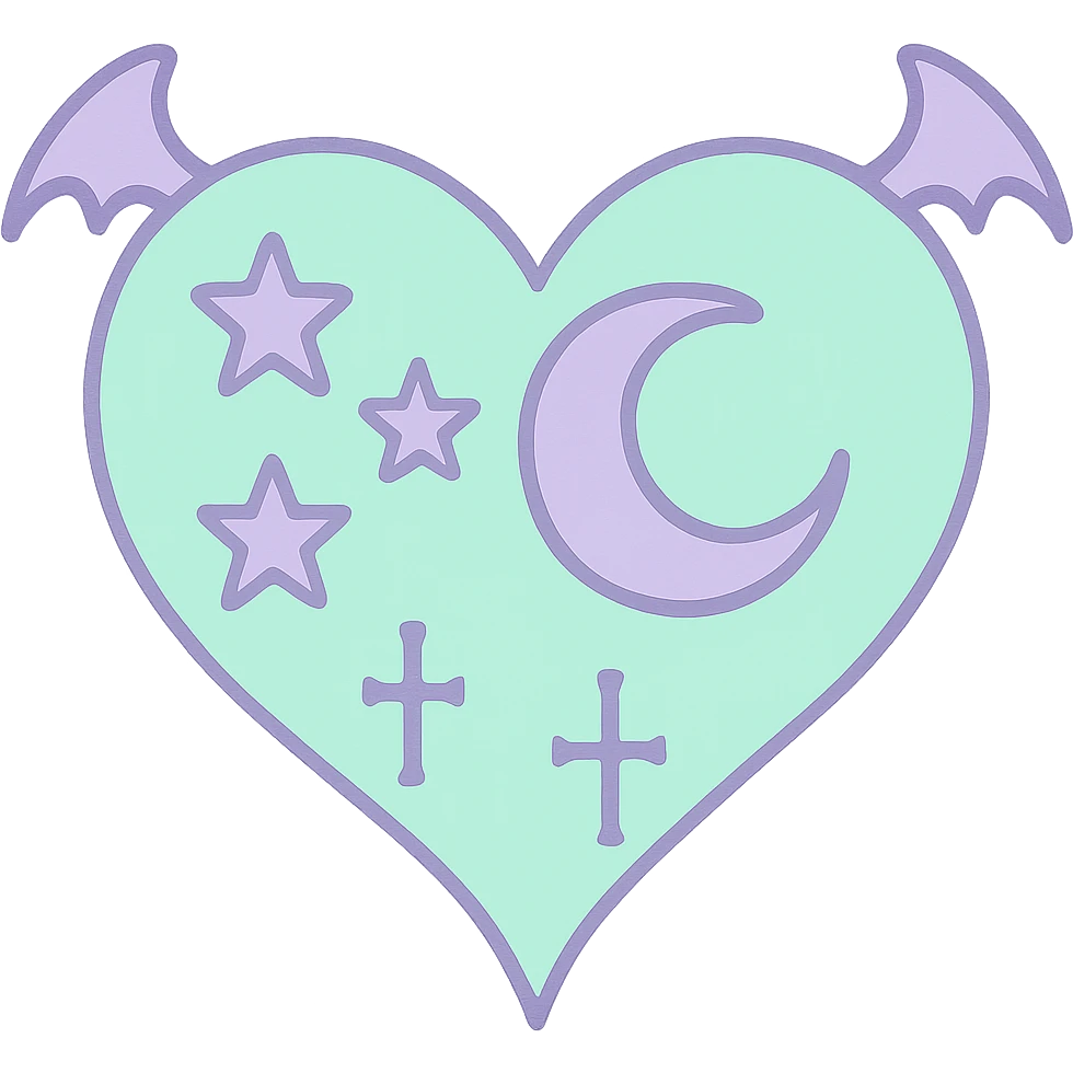pastel goth heart with pastel stars and a crescent moon, mint green and lavender, gothic style emoji