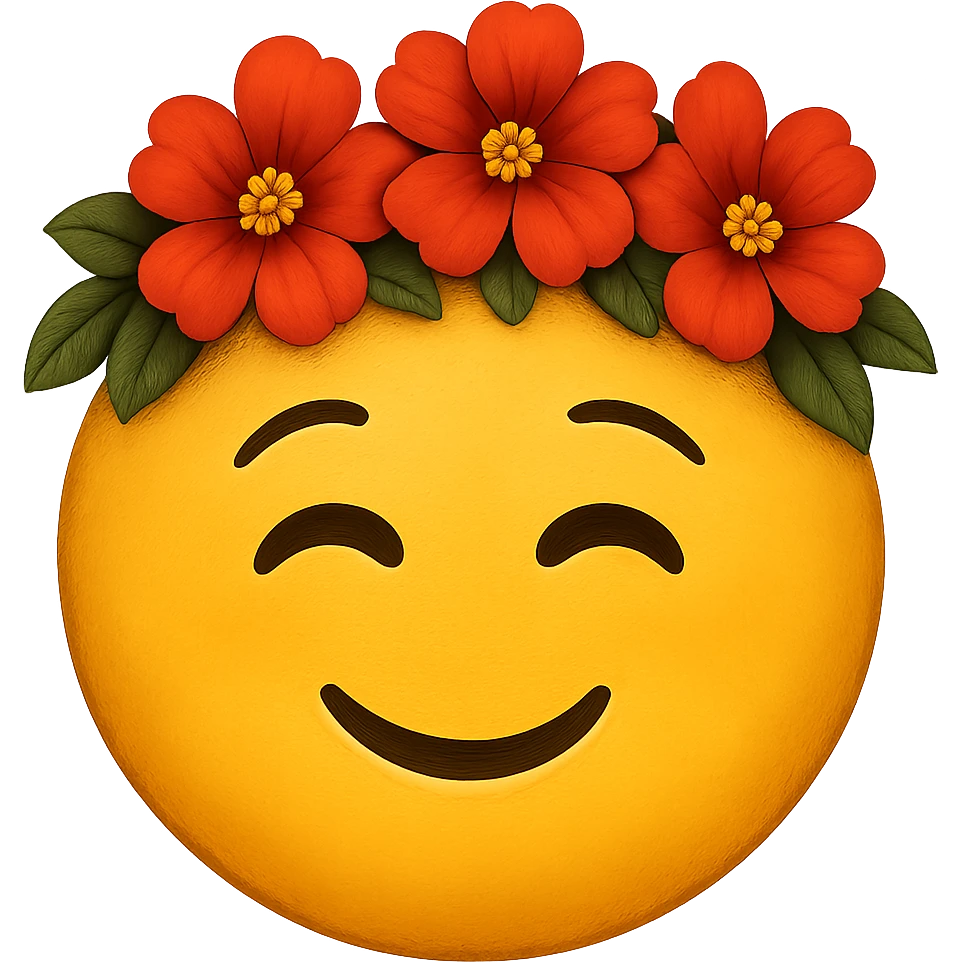 yellow face with red flower crown emoji, digital illustration emoji