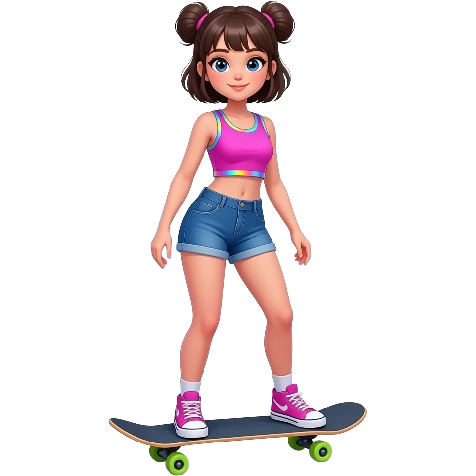 Girl wearing pink crop top and on a skateboard in a cyberpunk outfit and city emoji