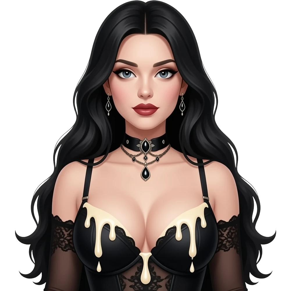 Sexy gothic woman with Really massive sexy boobs nursting out of a black bra with cream droplets dripping off of it. emoji
