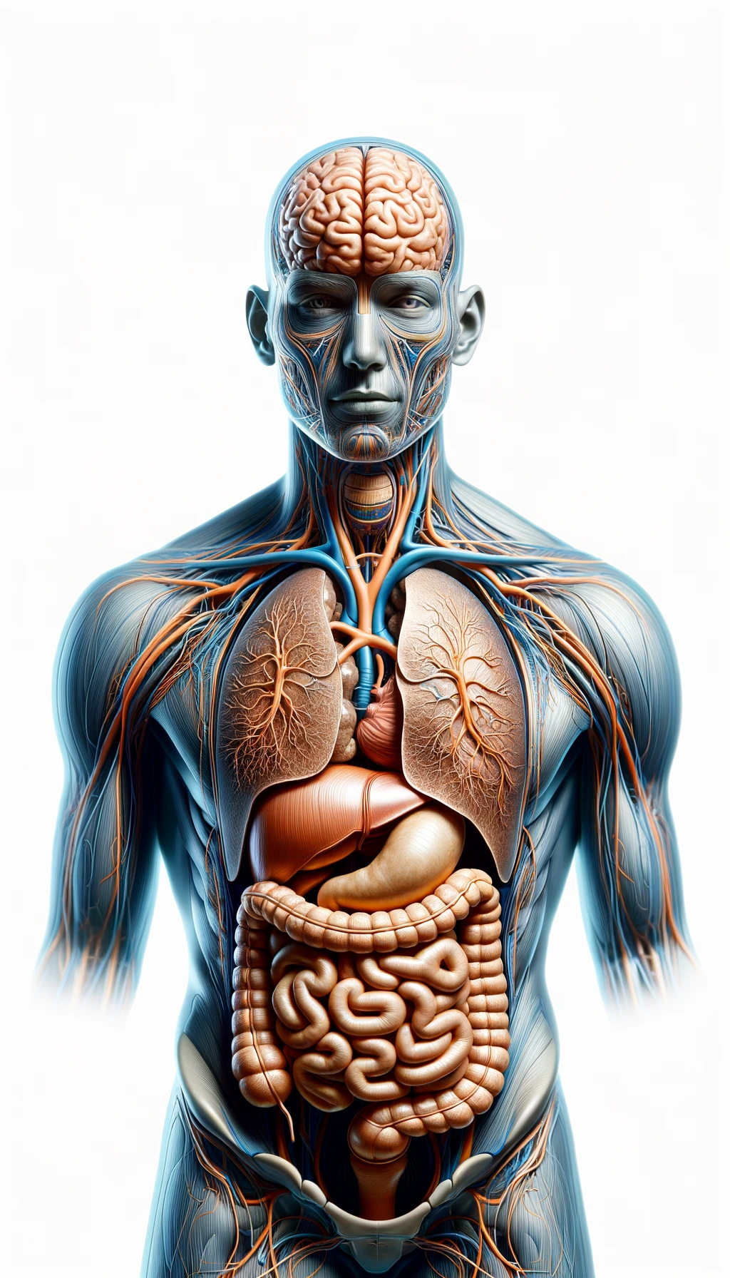 corpo umano anatomico con cervello, intestino e stomaco in evidenza, espressione neutra in volto, posa frontale, iperrealistico 4k, isolato su sfondo bianco emoji