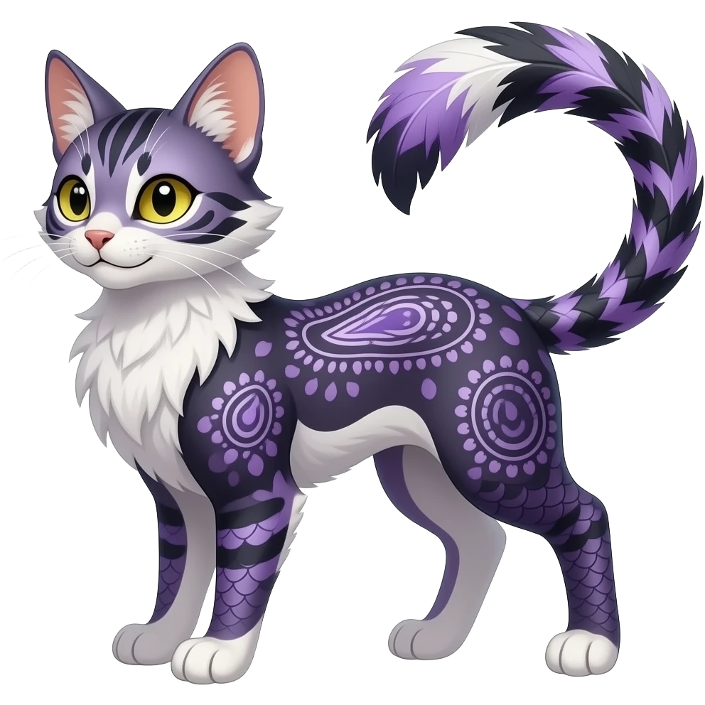 Paisley-patterned Slim elegant realistic Asian Furry, feathery fluffy tropical flecked painted feathery scaly, Purple, white, black, Minccino-Bambino-Lykoi-Linoone-Zangoose-fusion-hybrid-animal-Fakémon-creature, full body, thin long sleek scaly tail, intricate markings emoji