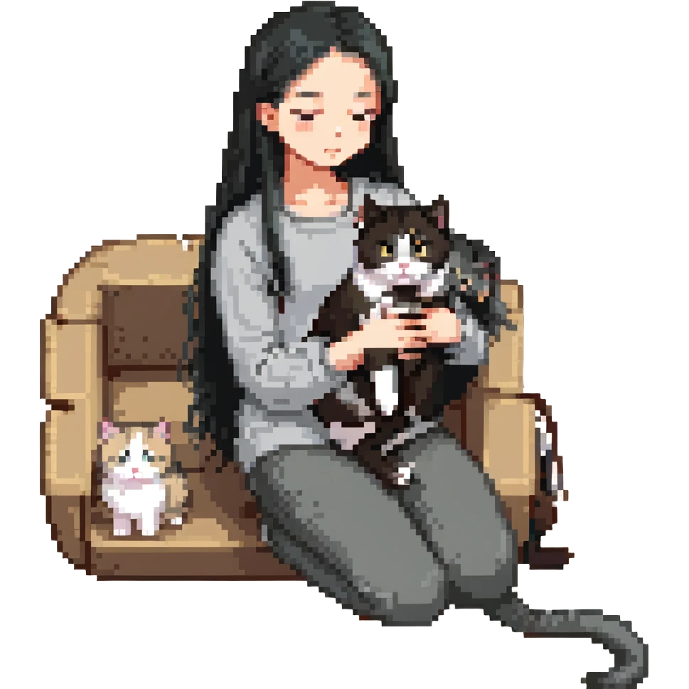 beautiful girl with long black hair petting a gray and blonde mixed cat, cat curled up in girl's lap, pixel art style emoji