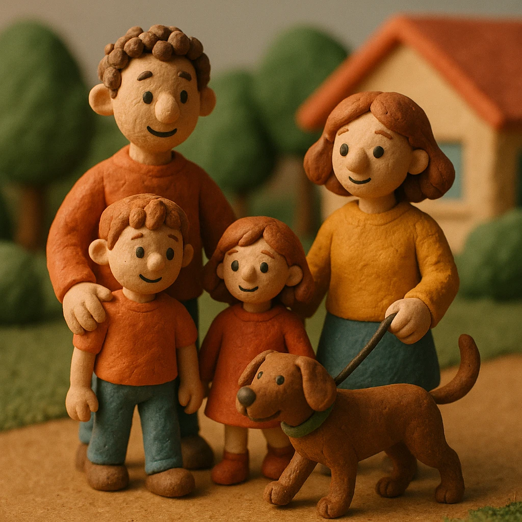 parents take their children home, family walking their dog home emoji