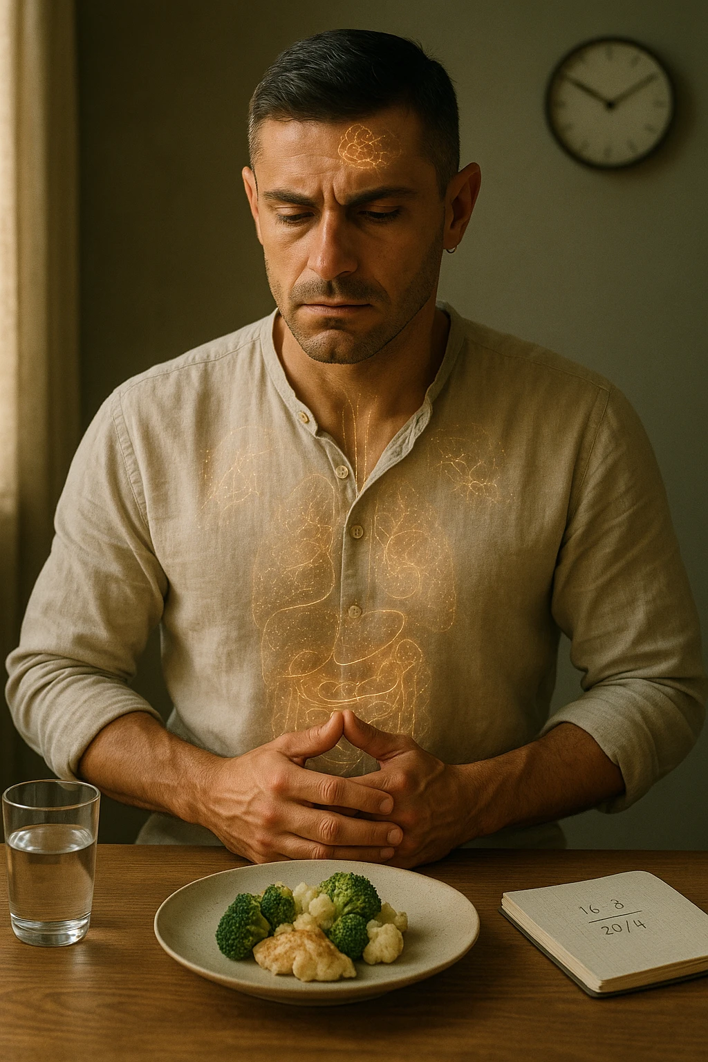 A cinematic close-up of a focused man in his mid-30s with slight beard and tired but determined eyes, sitting alone at a simple wooden table with an untouched plate of food in front of him. His hands are clasped, fingers interlocked in a meditative position over his lower abdomen, symbolizing willpower and internal balance. He wears a lightweight natural fiber shirt, sleeves rolled up. The lighting is soft and natural, early morning light coming from a nearby window. Around him, visual cues of cellular regeneration — faint glowing patterns subtly overlaying his body, especially near the liver, gut, and brain, suggesting autophagy and deep healing. The room is minimalist: a glass of water, a notebook with fasting hours, and a clock in the background ticking calmly. The tone is serene, intentional, and deeply introspective. Shot in 35mm cinematic style, warm highlights and clean shadows. emoji