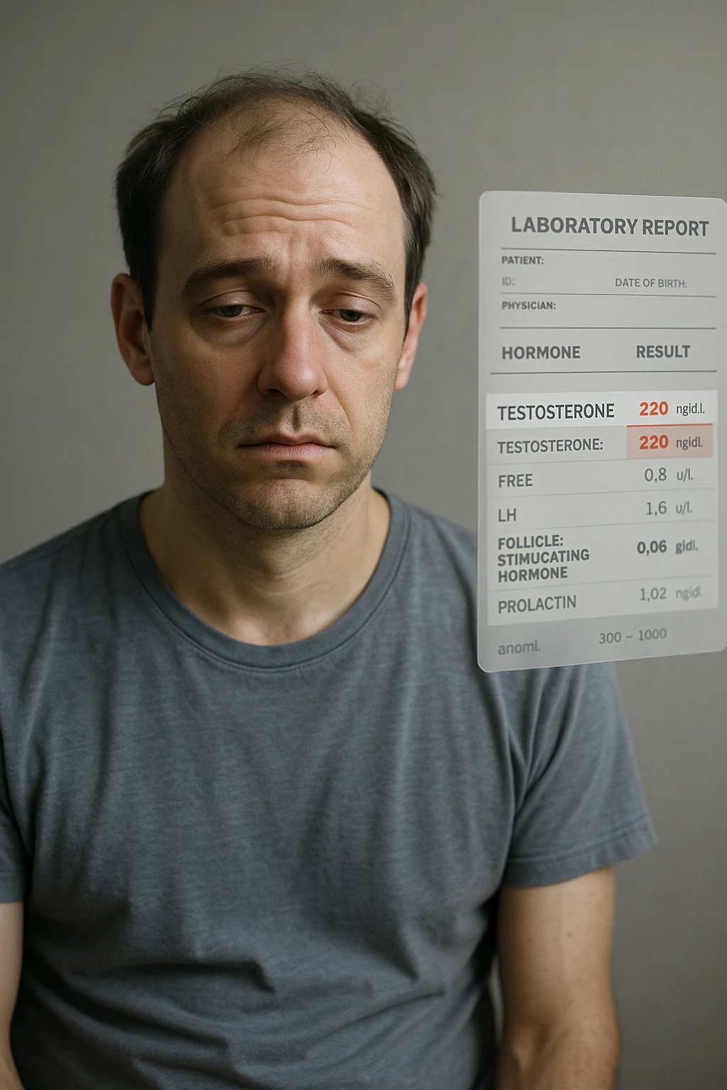 Un uomo caucasico di 35-45 anni, in CGI fotorealistico, che mostra i segni fisici ed emotivi di un basso livello di testosterone. aggiungere un referto medico semi-trasparente fluttuante accanto a lui, con valori di testosterone evidenziati in rosso. emoji