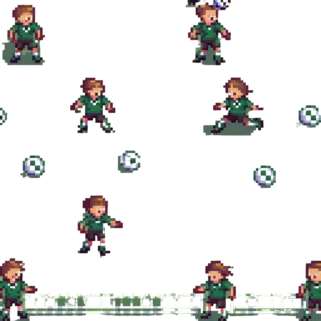 two boys, ages 6 and 9, kicking a soccer ball and laughing, pixel art style emoji