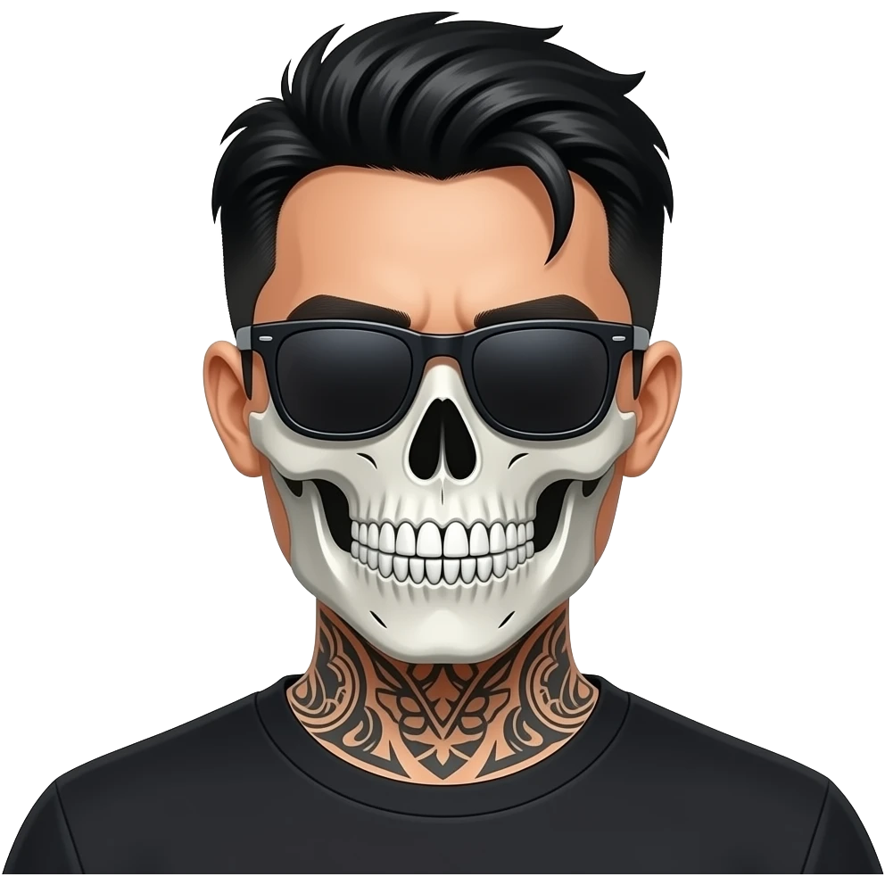 Crear un emoji de un hombre de pelo chino con pasamontañas de calavera y gafas muy oscuras tatuado de la cara emoji