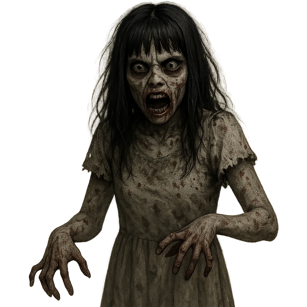 scary zombie girl, medium long black hair, bangs, sunken eyes, scary expression emoji