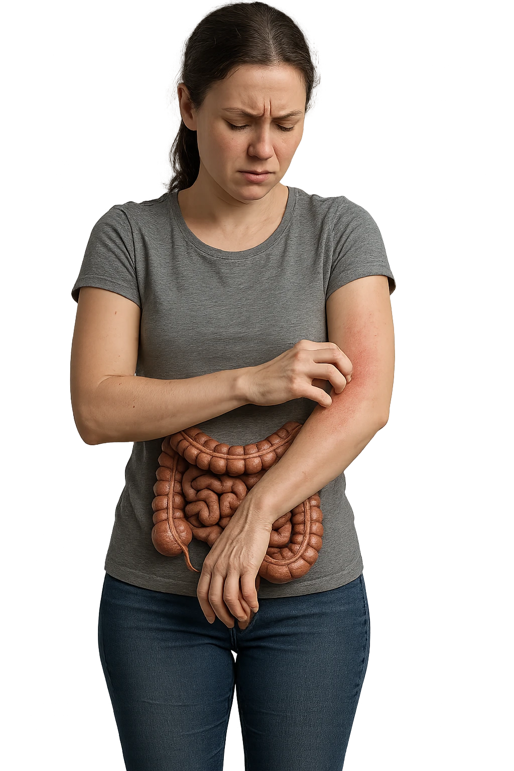 donna a figura intera con intestino umano anatomico realistico che si gratta il braccio su cui ha un'eritema, iperrealistica 4k emoji