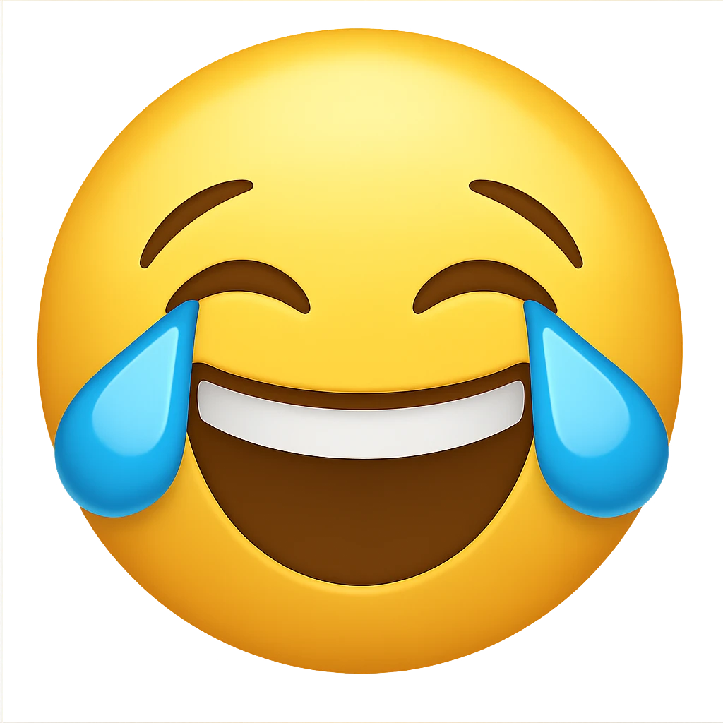 Create a cry-laughing emoji with large blue tears streaming from the eyes in the style of Apple emojis. The emoji should have no background and keep the original Apple style look. emoji