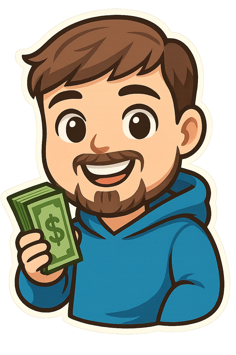 cartoon emoji of MrBeast smiling, holding a stack of cash, blue hoodie, trimmed beard, brown hair emoji