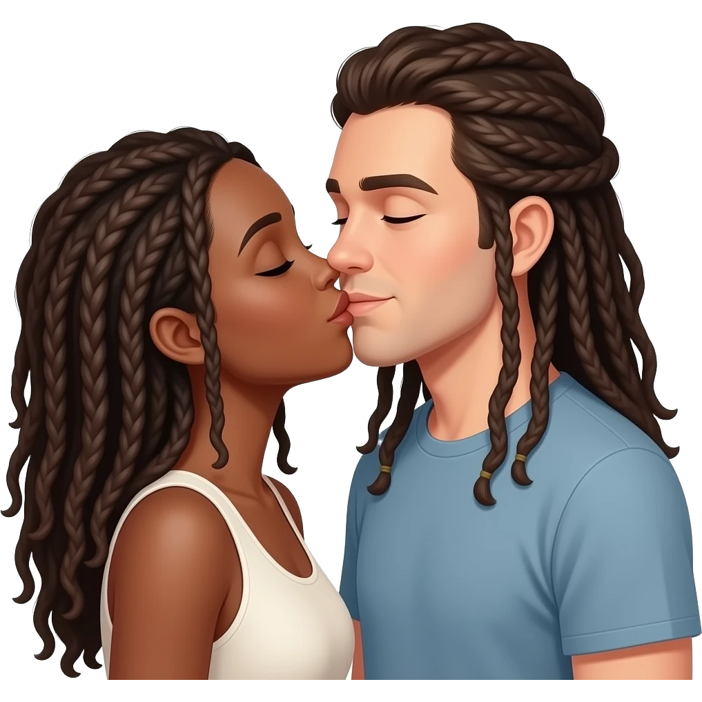 Brown skin woman with long locs kissing light skin man with long locs emoji