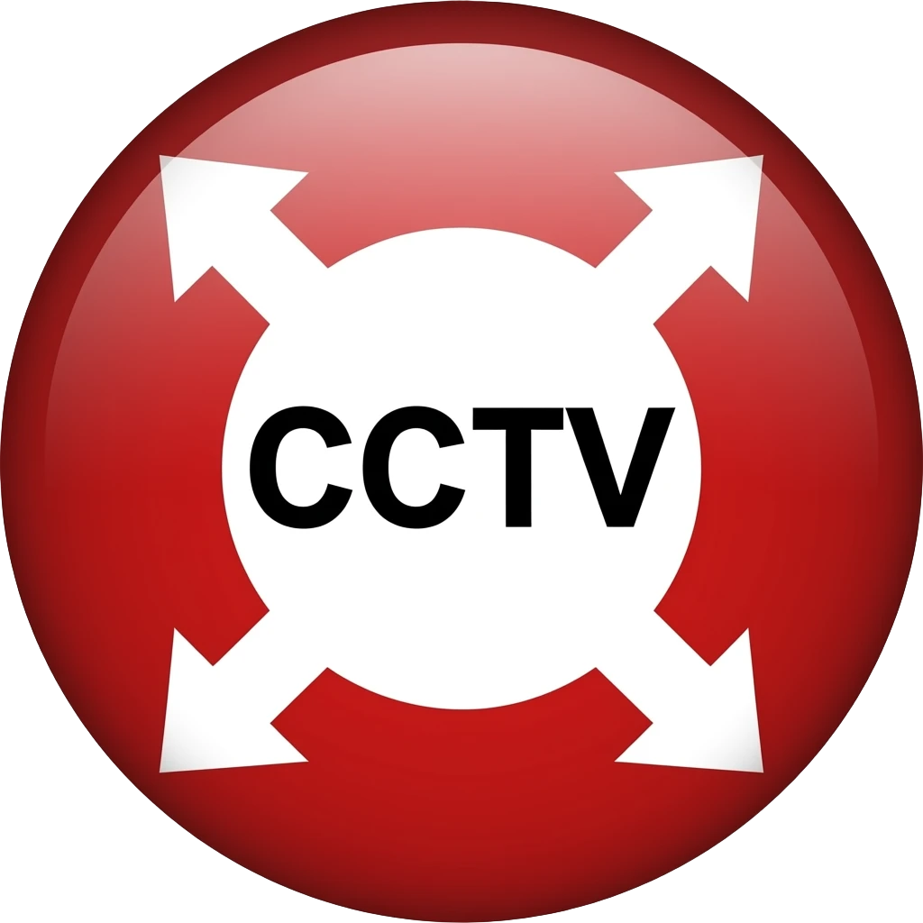Red filled circle with white X and arrow on all end points on the X white circle in the middle. Big bold CCTV word in the centre in black emoji