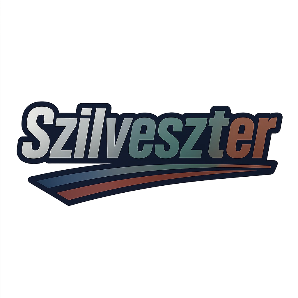 Szilveszter name in a masculine, modern gradient font with precise Hungarian characters, dark contour, extra wide and prominent white border like the uploaded sample, dynamic slanted underline, masculine color shades including blue, gray, burgundy, green, and brown, 1000x1000 px, PNG, transparent background emoji