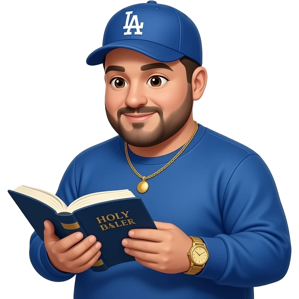 Chubby man with light sand skin tone and lightly shaved black beard wearing a blue Los Angeles Dodgers logo baseball cap wearing a long sleeve blue shirt wearing a gold tennis necklace and a gold wrist watch reading the Holy Bible emoji