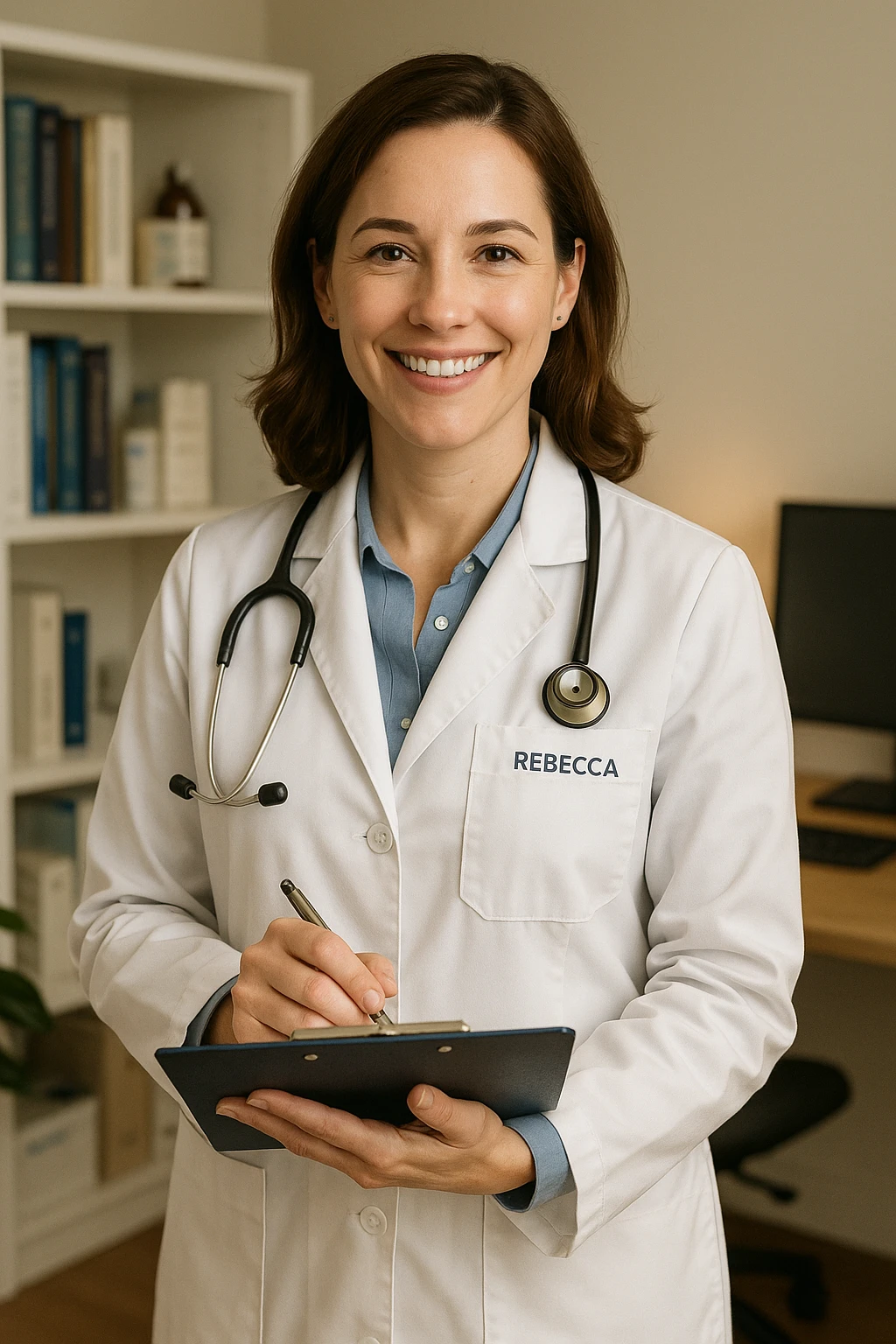 A woman doctor named Rebecca, holding a clipboard, smiling, medical office background emoji