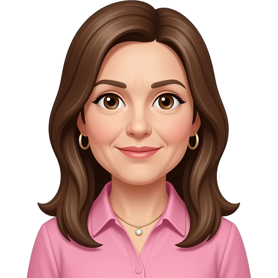 woman in 40s  ,itaiwith brown long straight highlighed hair all one length with just a bit of layering at the front, pink formal shirt with collar, wearing hoop earrings and necklace, brown eyes, hoop earrings and necklace emoji