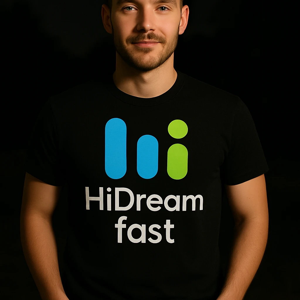 man wearing tshirt with this logo, dark night background with dim , add fast below logo emoji