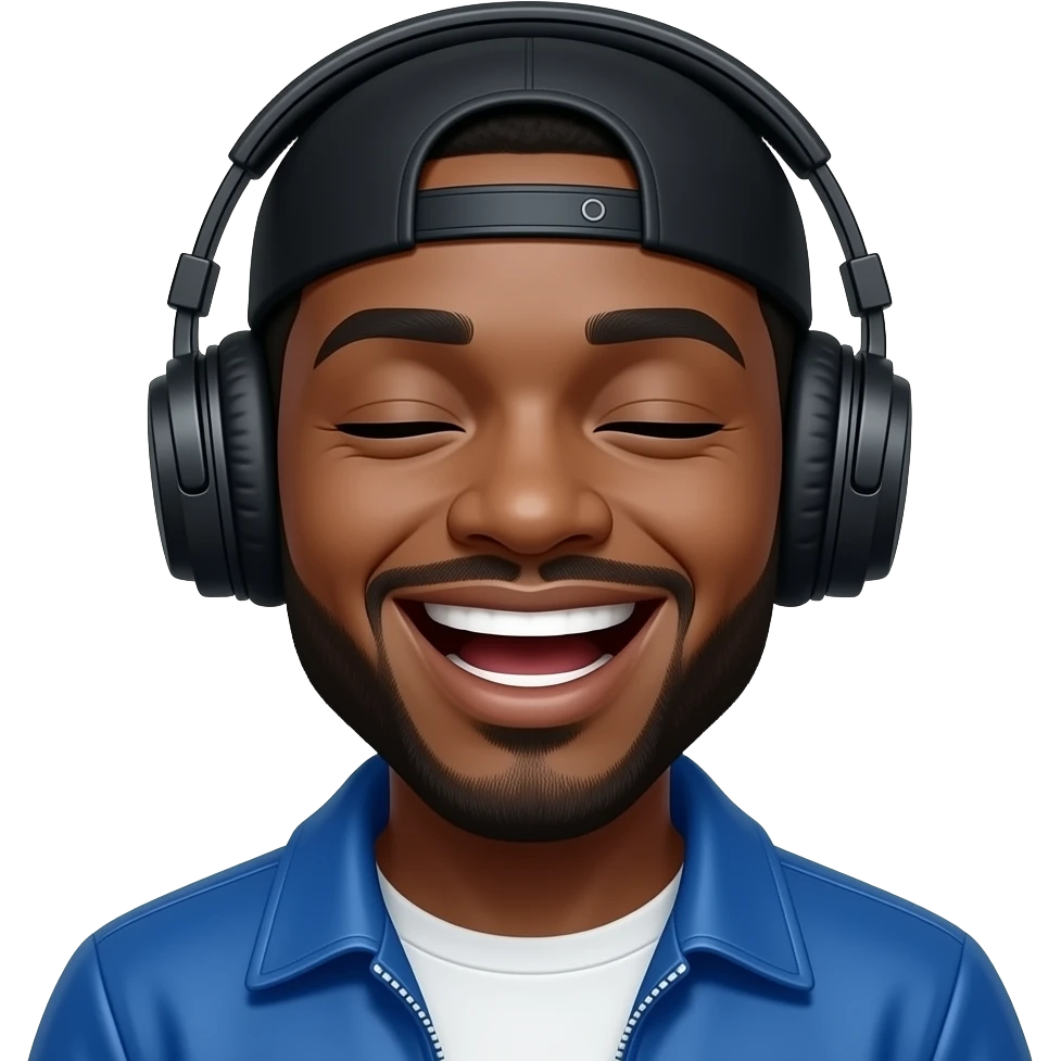 A black person bit brown is with headphones on and have a durag on his headwhich is black and is wearing a blue jacket and his face expression is like his eyes are closed and he is holding his laugh his lips emoji