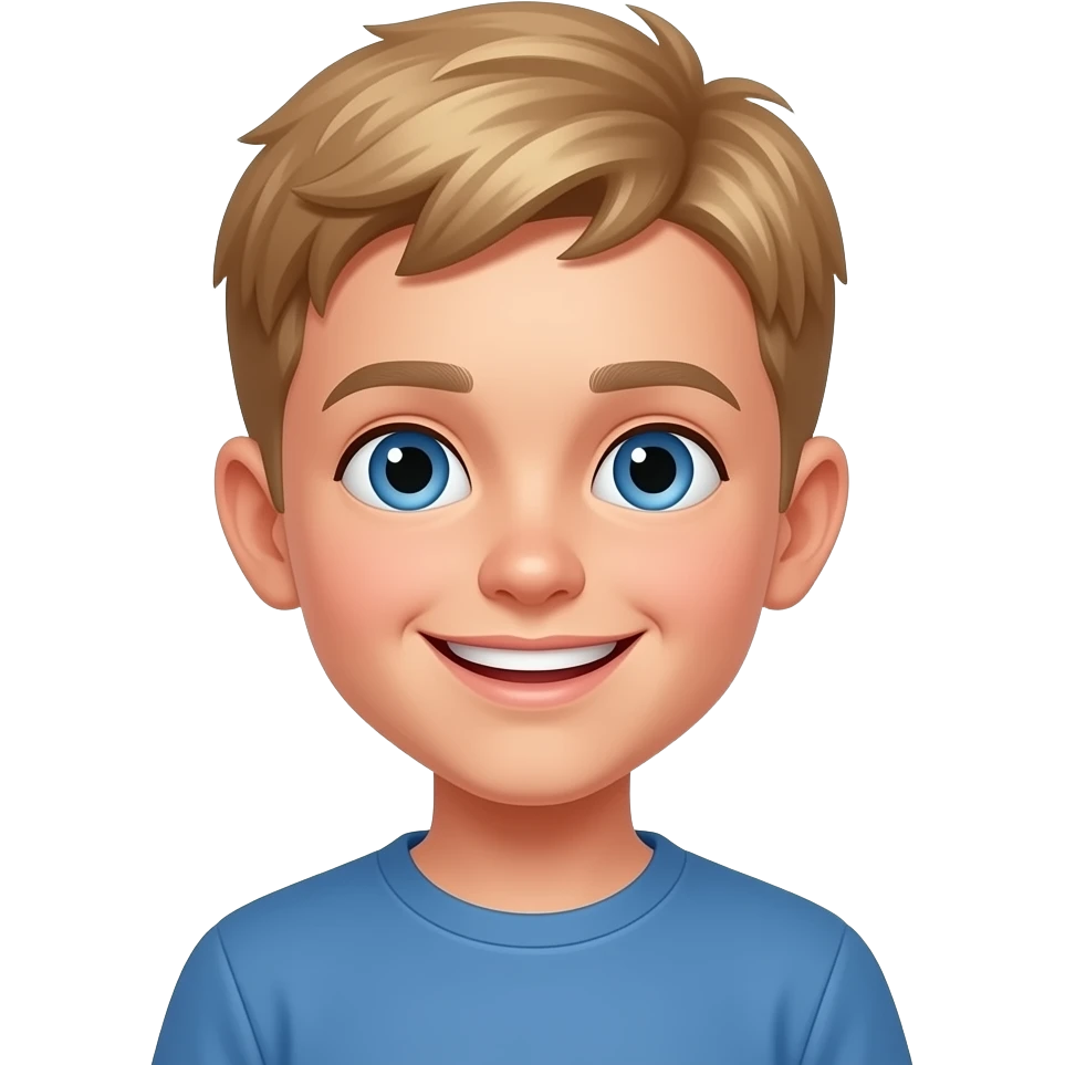 a 13 year old boy with short blonde hair blue eys and a big grin emoji