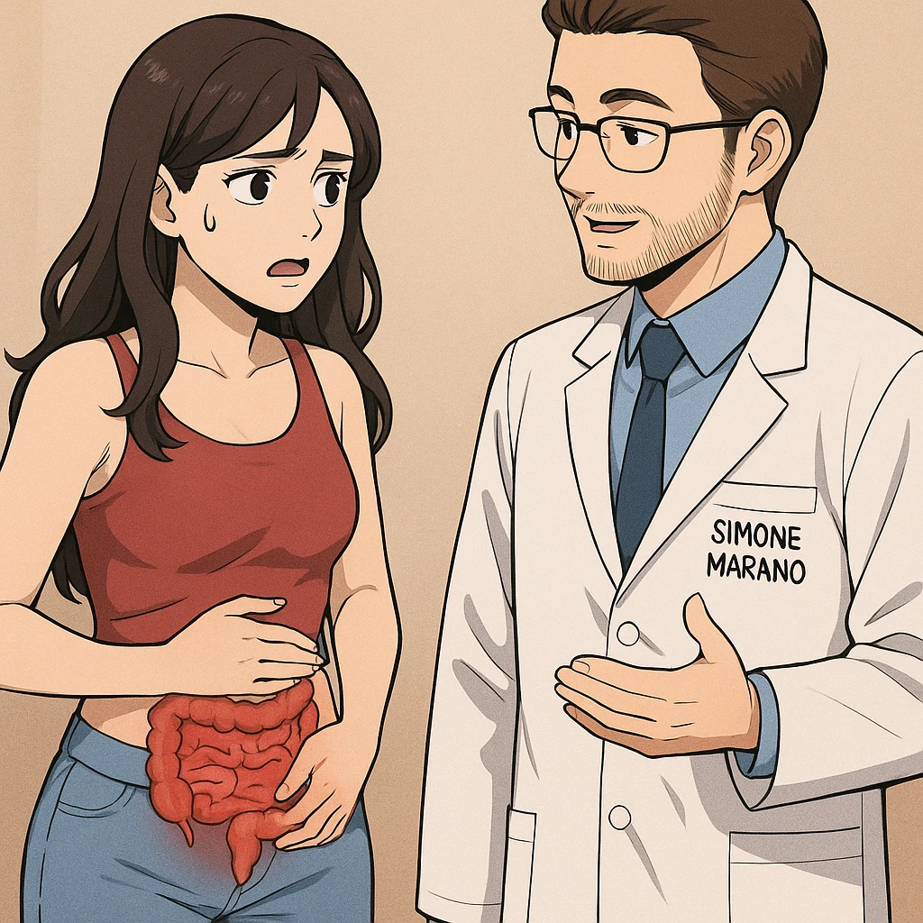 prendi spunto da questo stile di disegno e fai un webtoon/manga a colori con questo nutrizionista in camice bianco (fagli la scritta "SIMONE MARANO" SUL CAMICE) in piedi CHE PARLA CON UNA RAGAZZA in piedi accanto a lui. la ragazza GLI chiede UNA COSA preoccupata mentre si tocca la pancia e ha un intestino umano infiammato sulla pancia, e IL NUTRIZIONISTA CON IL CAMICE BIANCO le risponde mentre annuisce. la ragazza falla mora, con top rosso e jeans chiari, NON FARE I FUMETTI, FAI SOLO LORO COME SE DIALOGASSERO, falli a figura intera. la ragazza falla a sinistra e il nutrizionista a destra emoji