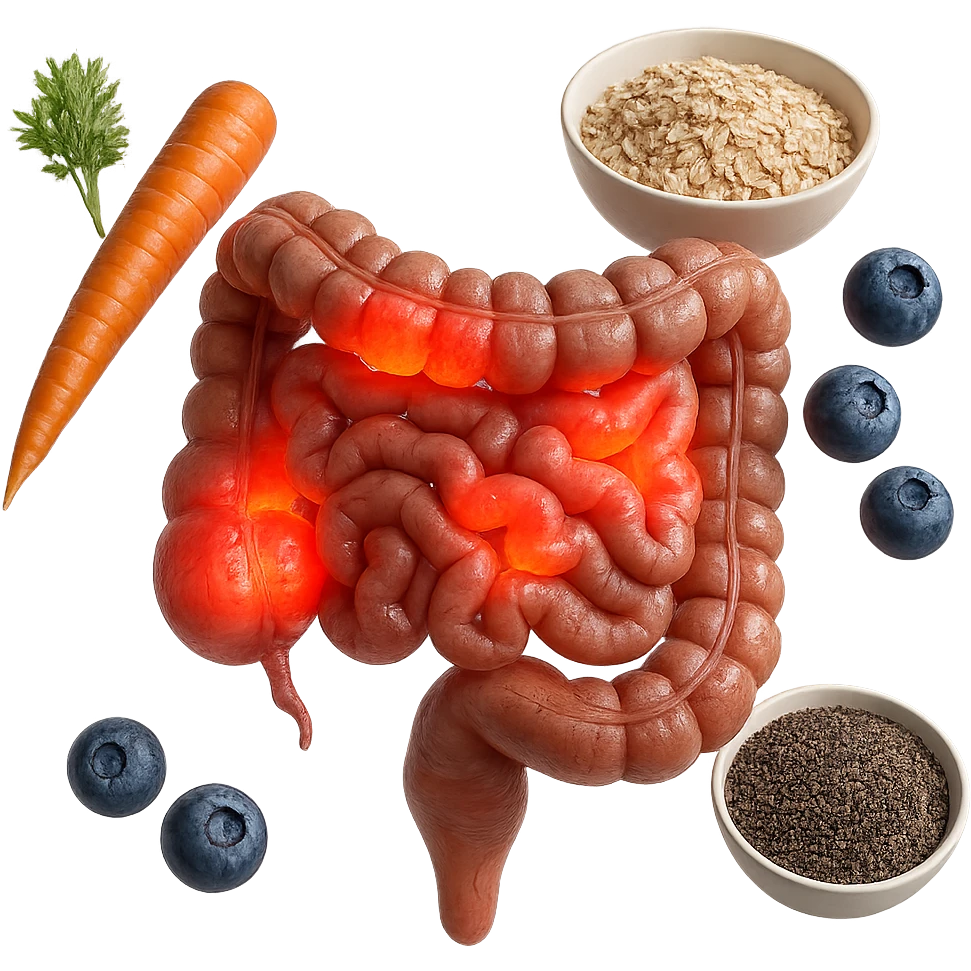 intestino umano anatomico infiammato al centro con carota, bowl di avena, mirtilli, bowl di semi di chia che gli fluttuano intorno , iperrealistico 4k emoji